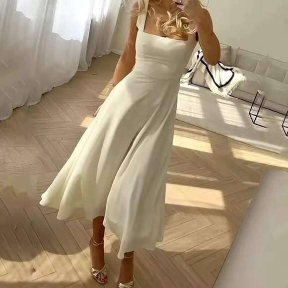 Commense White Midi Dress Square Neck Sleeveless A-Line Wedding Guest  size XS - Picture 1 of 10
